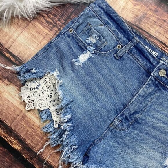Mossimo High Rise Denim Shorts Cut Off Distressed Lace Pockets - Picture 4 of 8